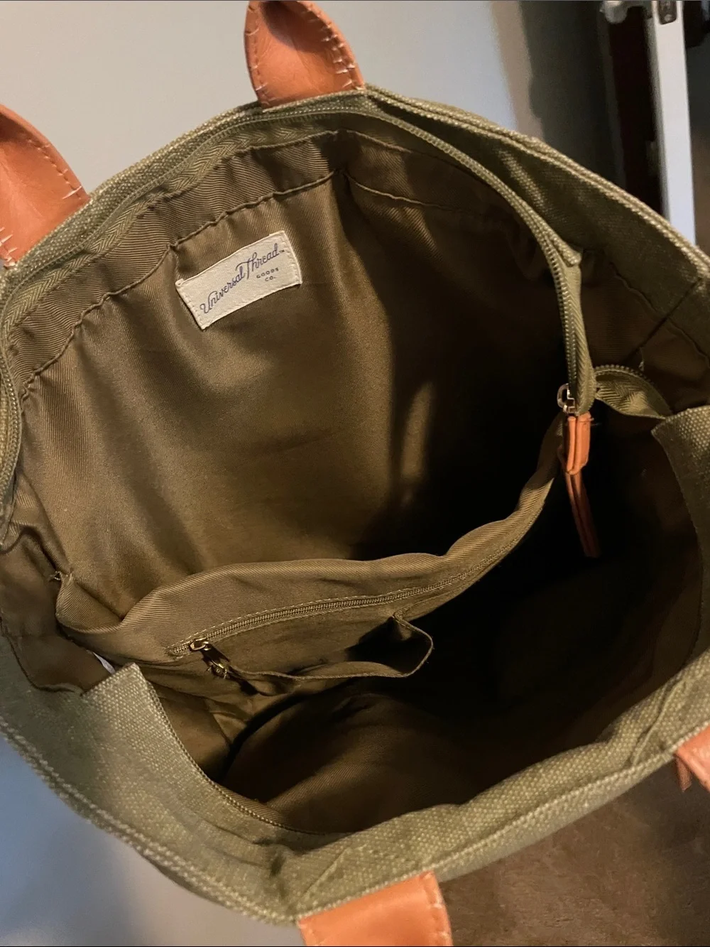Universal Thread Olive Canvas Backpack with Tan Leather Handles